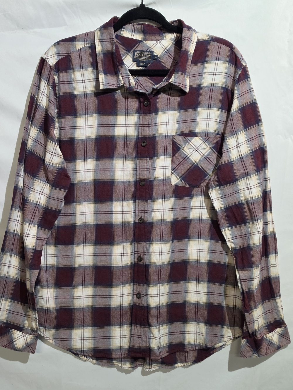 Pendleton Men's Maroon and Cream Plaid Button-Down Shirt XL